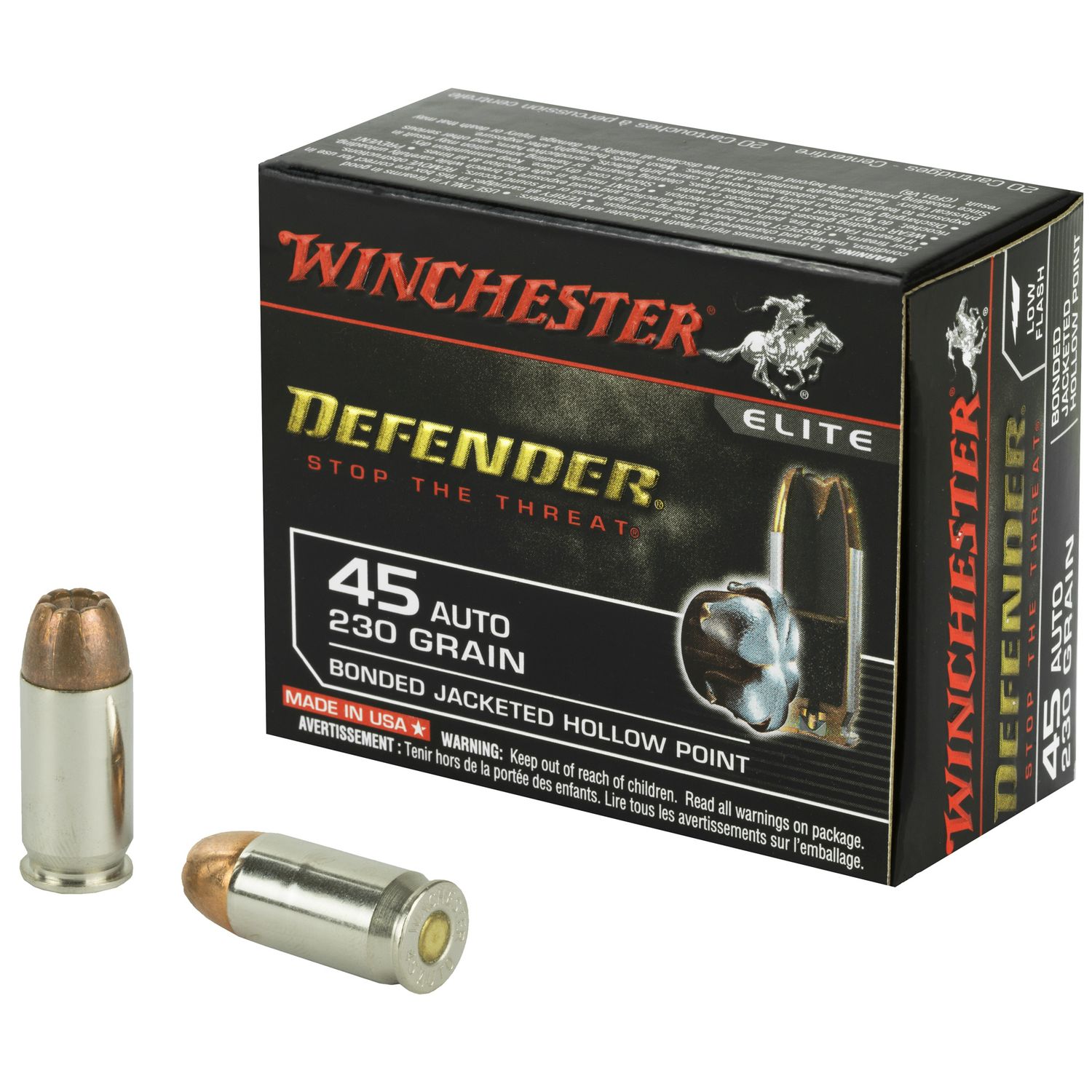 Winchester Ammo S45PDB Defender  45 ACP 230 gr Bonded Jacket Hollow Point 20 Bx/ 10 Cs