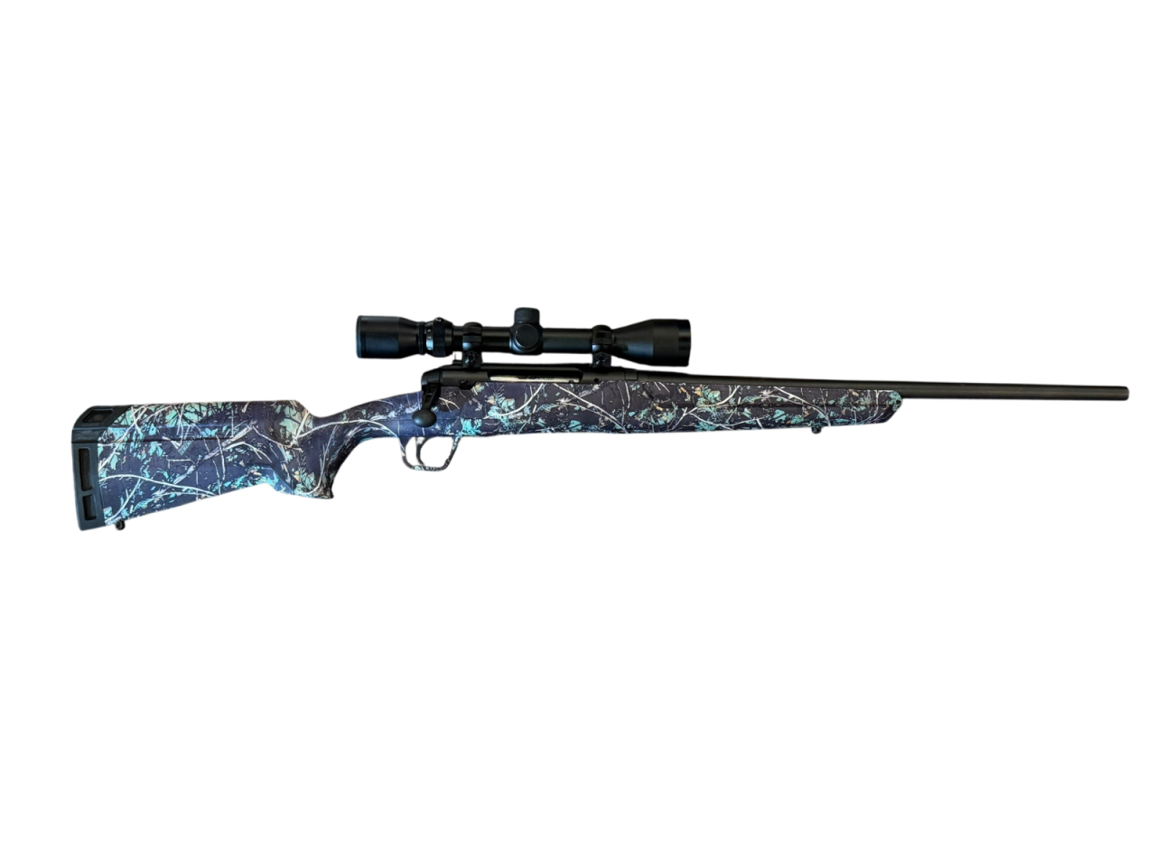 *USED* SAVAGE AXIS 20" 243 WIN BOLT ACTION RIFLE, PURPLE/TEAL CAMO, W/ NO MAG, WEAVER SCOPE, NO BOX