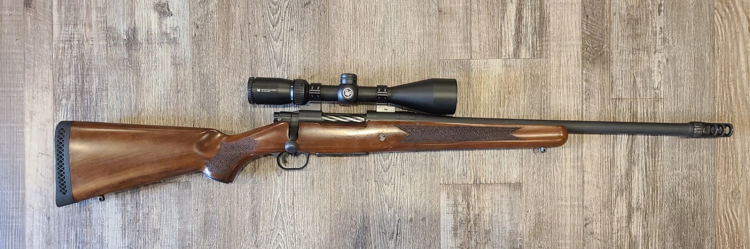 *USED* MOSSBERG PATRIOT 20" 450 BUSHMASTER BOLT ACTION RIFLE, WOOD/BLK, W/ 1 MAG, VORTEX SCOPE