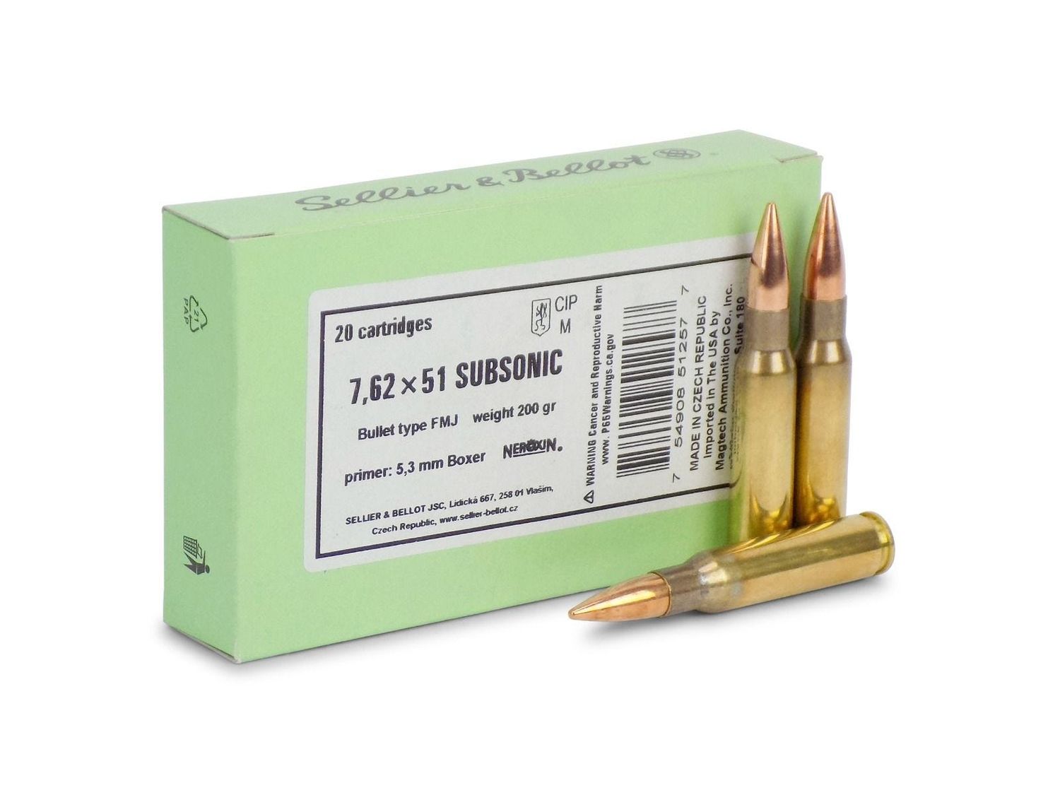 Sellier and Bellot Rifle Ammunition .308 Win 200 Grain 20-Rounds FMJ, 754908512577, SB308SUBB