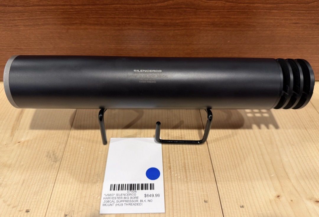 *USED* SILENCERCO HARVESTER BIG BORE .338CAL SUPPRESSOR, BLK, NO MOUNT (HUB THREADED)