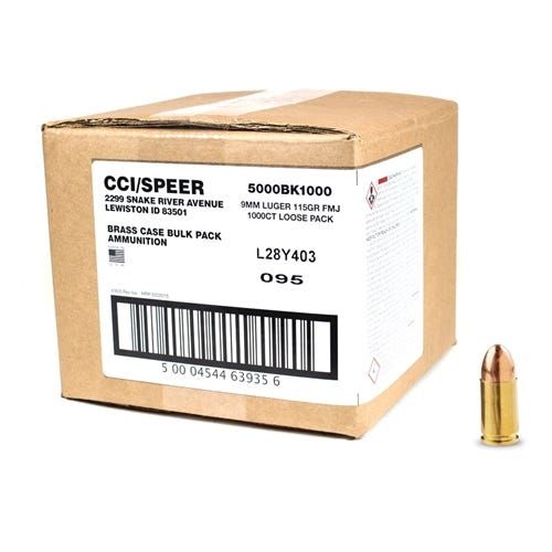 CCI Blazer Brass Handgun Ammunition 9mm Luger 115gr FMJ 1145 fps 1000/ct Loose Bulk Pack, 50004544639356, 5000BK1000