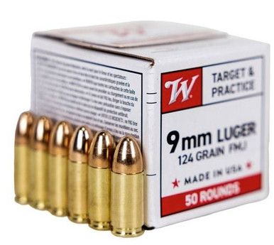 WINCHESTER USA, 9MM 124GR FMJ, 50RD/BX, 020892234598, W9MM12450
