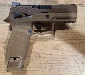 *CONS* SIG SAUER P320 M18 3.75" 9MM PISTOL, TAN, COMES W/ 5 MAGS, ORIGINAL TRIGGER, HOLSTER, ORIGINAL CASE