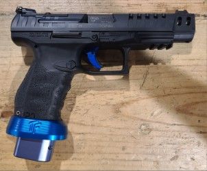 *USED* WALTHER PPQ Q5 MATCH 5" 9MM PISTOL, BLK/BLUE, COMES W/ 3 MAGS WITH TTI BASE PLATES, TAYLOR MAGWELL, ORIGINAL CASE/ACCYS