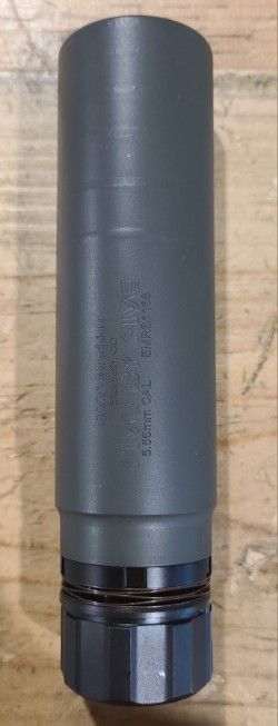 *USED* ECCO MACHINE FIVE BY FIVE 5.56MM SUPPRESSOR, GRY, COMES W/ KEYMO MOUNT, NO BOX