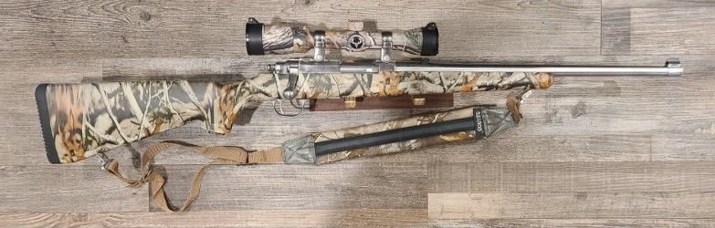 *CONS* RUGER 77/44 18.5" 4+1 BOLT-ACTION 44MAG RIFLE, CAMO/STNLS, COMES W/ 2 MAGS, SCOPE, SLING, CASE