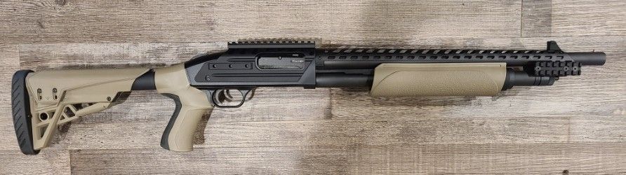 *USED* MOSSBERG 500 18.5" 5+1 PUMP-ACTION 12GA SHOTGUN, BLK/FDE, COMES W/ ORIGINAL BOX