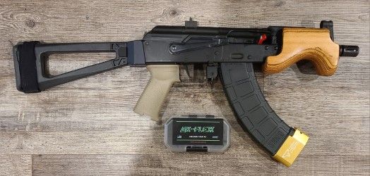 *USED* CENTURY MICRO DRACO 5" 7.62X39 PISTOL, BLK/WOOD, COMES W/ BINARY TRIGGER, FACTORY TRIGGER, AKTF BRACE, 1 MAG, TTI BASE, NO BOX