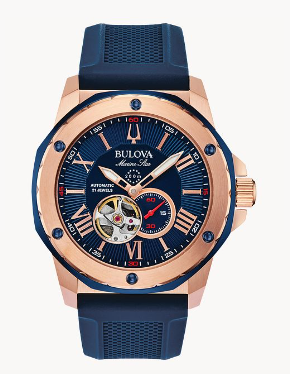 Reloj BULOVA 
Marine Star Series A
movimiento automático de tres manecillas. Resistente al agua hasta 200 metros.
98A227