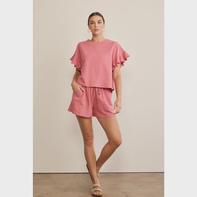 Flutter Sleeve Waffle Knit Top-WATERMELON  ( MATCHING SHORTS AVAILABLE)