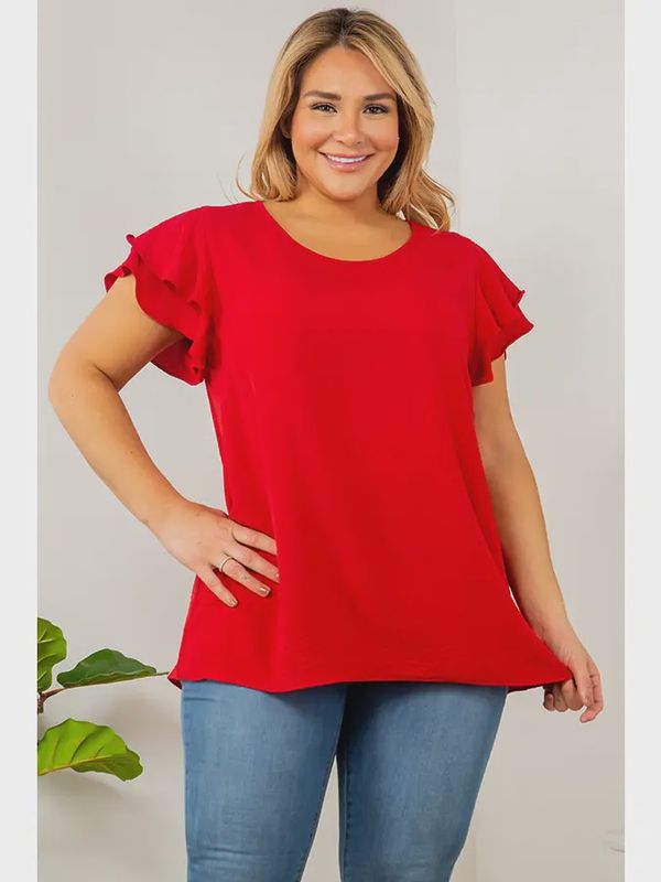 Plus Ruffle Sleeve Top-Red