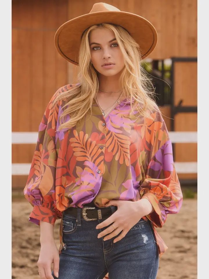 Plus Drew Leaf Print Blouse-BROWN MULTI