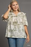 PLus Eden Landscape Print Blouse-OLIVE