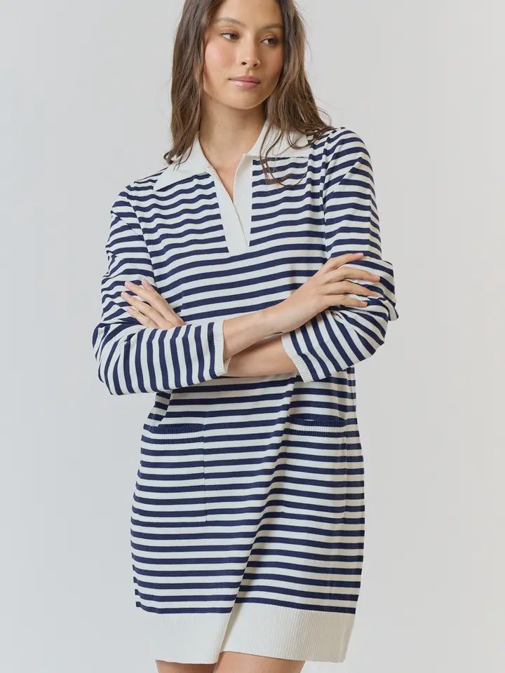 Saylor Striped Collared Mini Dress-OFF WHITE/NAVY