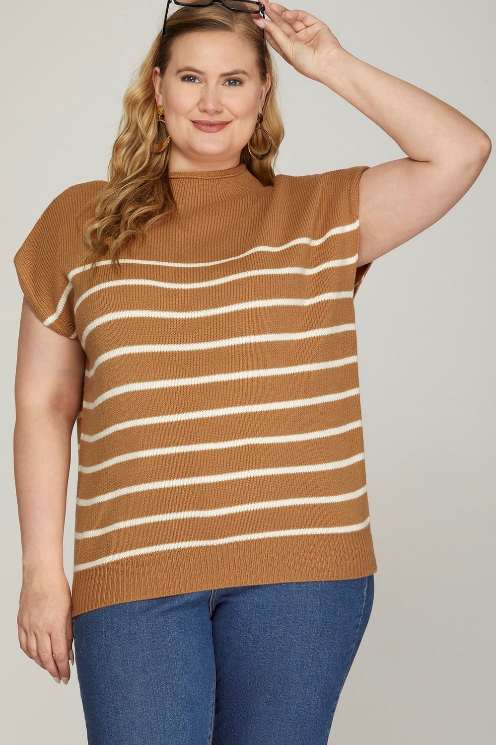 Plus Striped Sweater Top-CAMEL