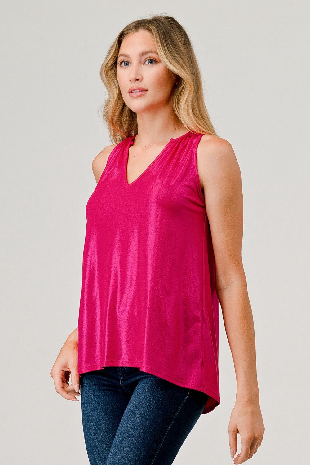 Metallic Foil Sleeveless Shimmer Tank Top-HOT PINK