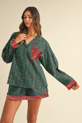 Plaid Woven Pajama Set-GREEN