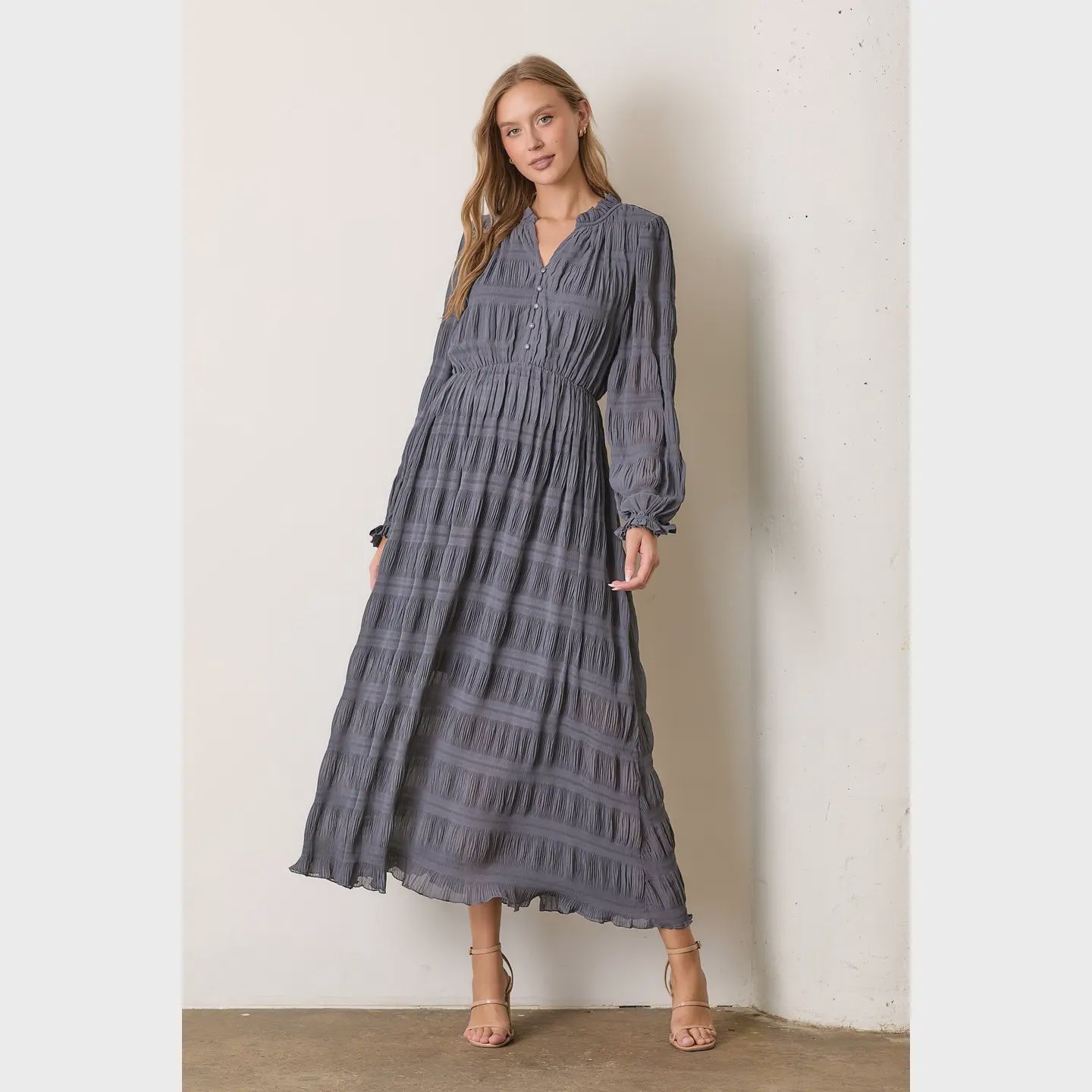 Plus Textured V-Neck Maxi Dress-SLATE BLUE