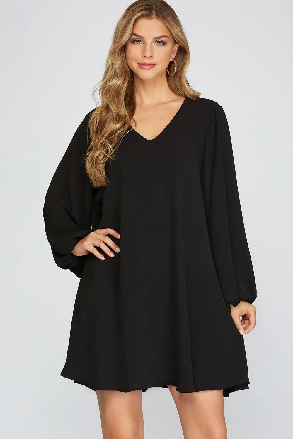 V-Neck Flounce Dress-BLACK