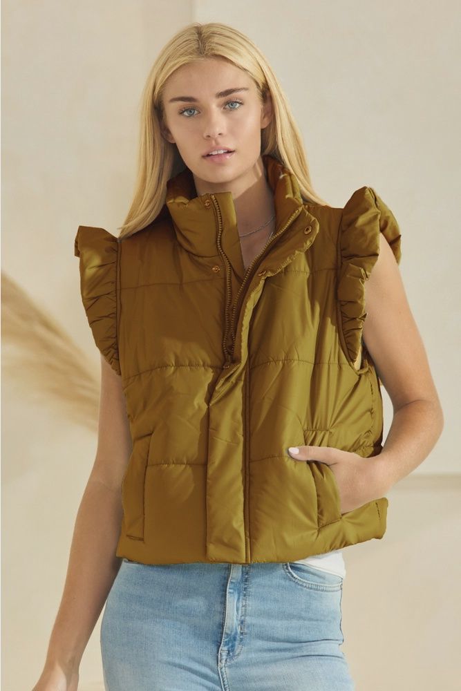Puffer Vest w/Shoulder Ruffle-GOLDEN OLIVE