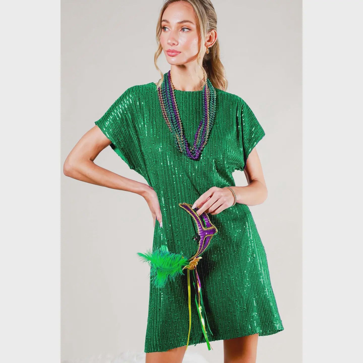Round Neck Sequin Mini Dress-GREEN