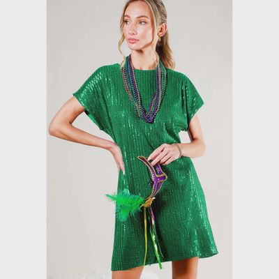 Round Neck Sequin Mini Dress-GREEN