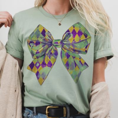 Coquette Mardi Gras Bow Tee-SAGE