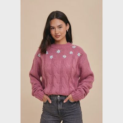 Floral Cable Knit Sweater-LIGHT MULBERRY