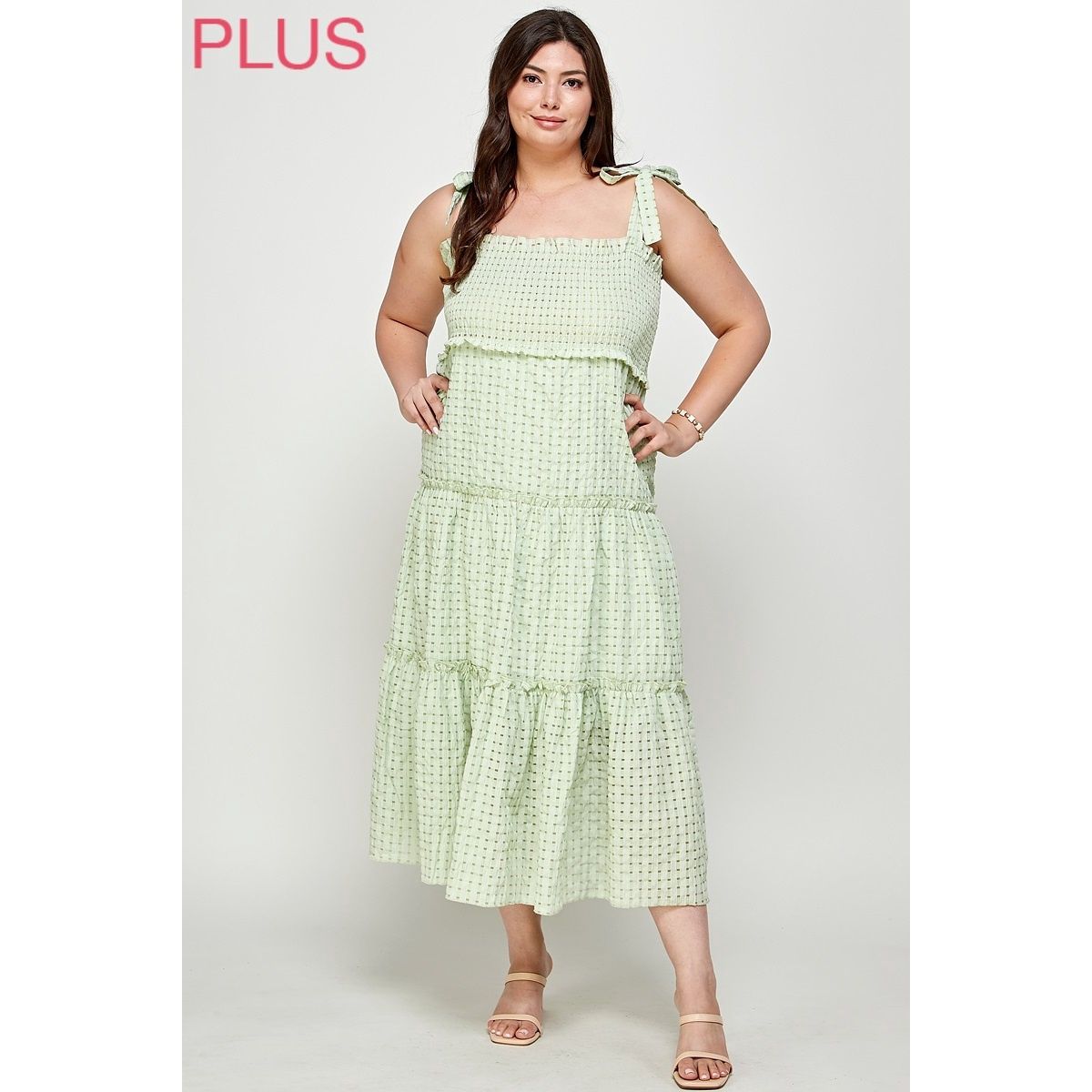 Plus Tiered Smocking Gingham Midi Dress-GREEN ASH