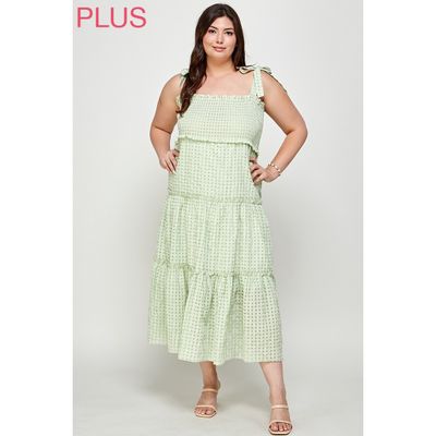 Plus Tiered Smocking Gingham Midi Dress-GREEN ASH