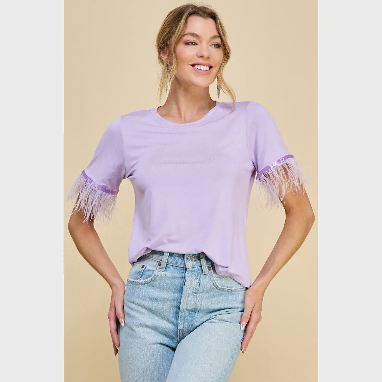 Feathered Sleeve Trim Top -  LAVENDER