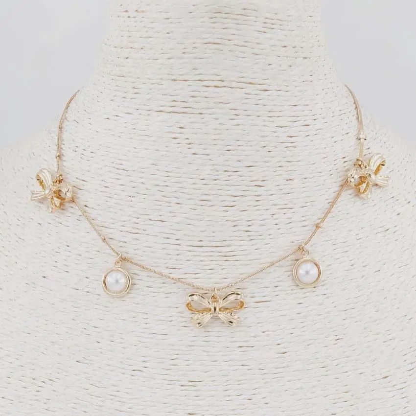 Pearl &amp; Bow Charm Necklace - 16-18&quot;
