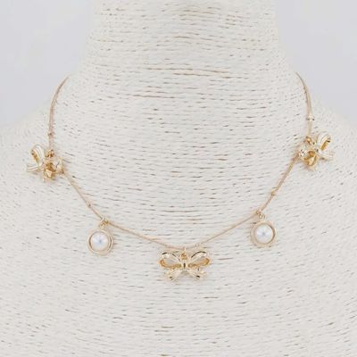 Pearl &amp; Bow Charm Necklace - 16-18&quot;
