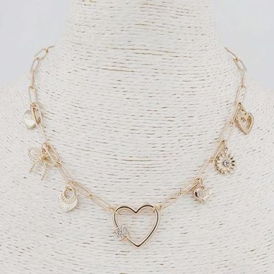 Rhinestone Hearts &amp; Bows Charm Necklace - 16-18&quot;