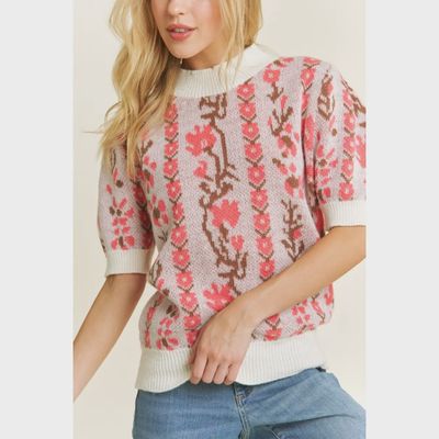 Floral Jacquard Pullover Sweater-PINK MULTI