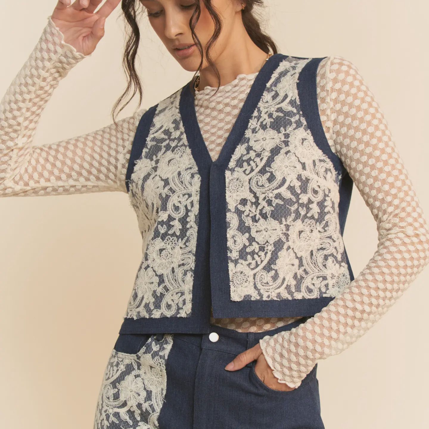 Plus Textured Denim Vest-DARK DENIM