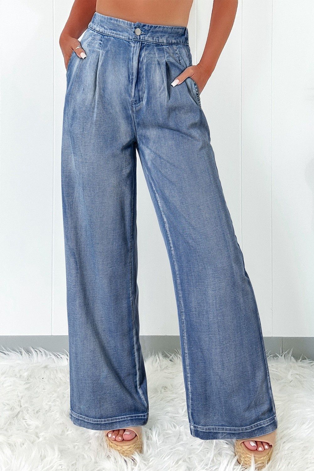 Chambray Wide Leg High Rise Jeans