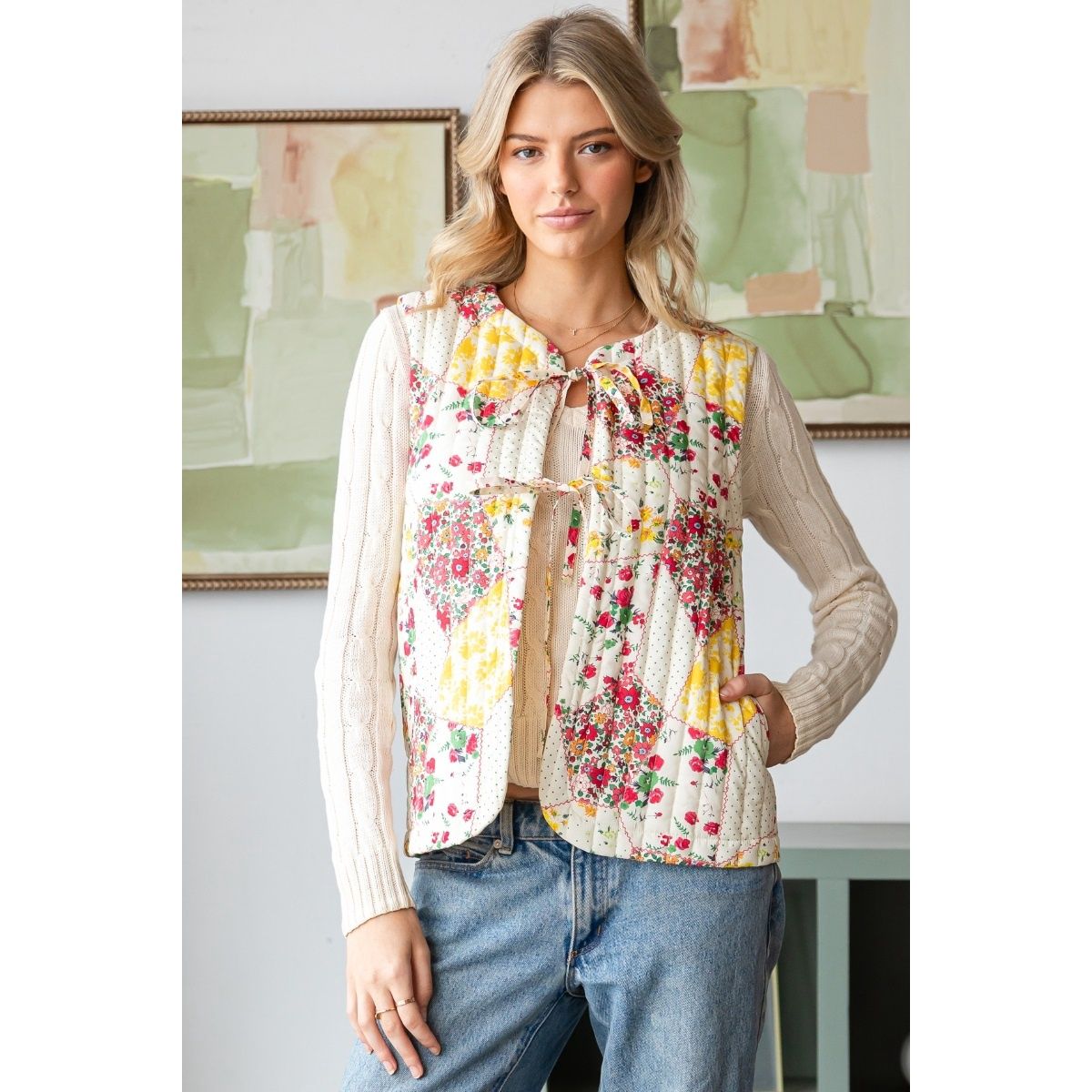 Quilted Vest w/Tie Front - RED MULTI