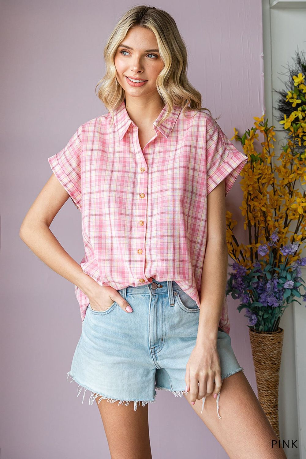 Checkered  Button Down - PINK