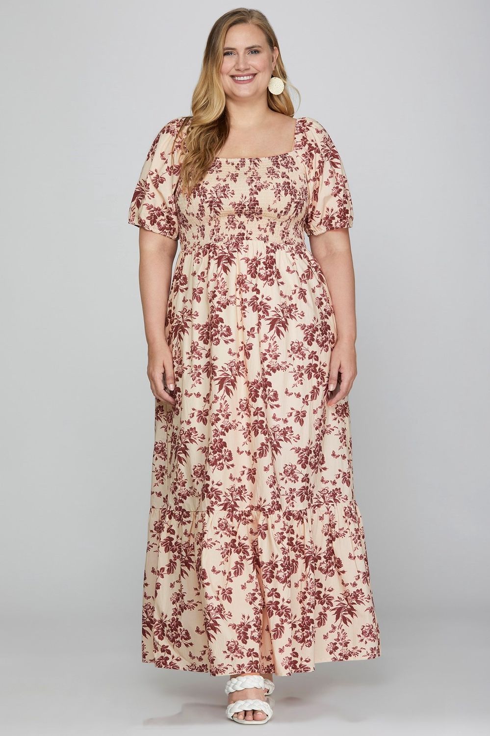 Plus Floral Smocked Maxi Dress - BERRY