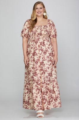 Plus Floral Smocked Maxi Dress - BERRY