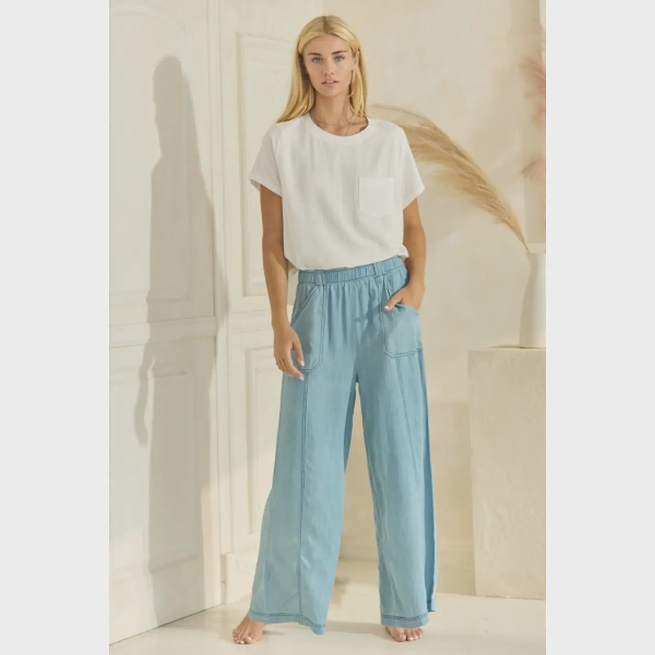 Plus Chambray Palazzo Pants - WASHED DENIM