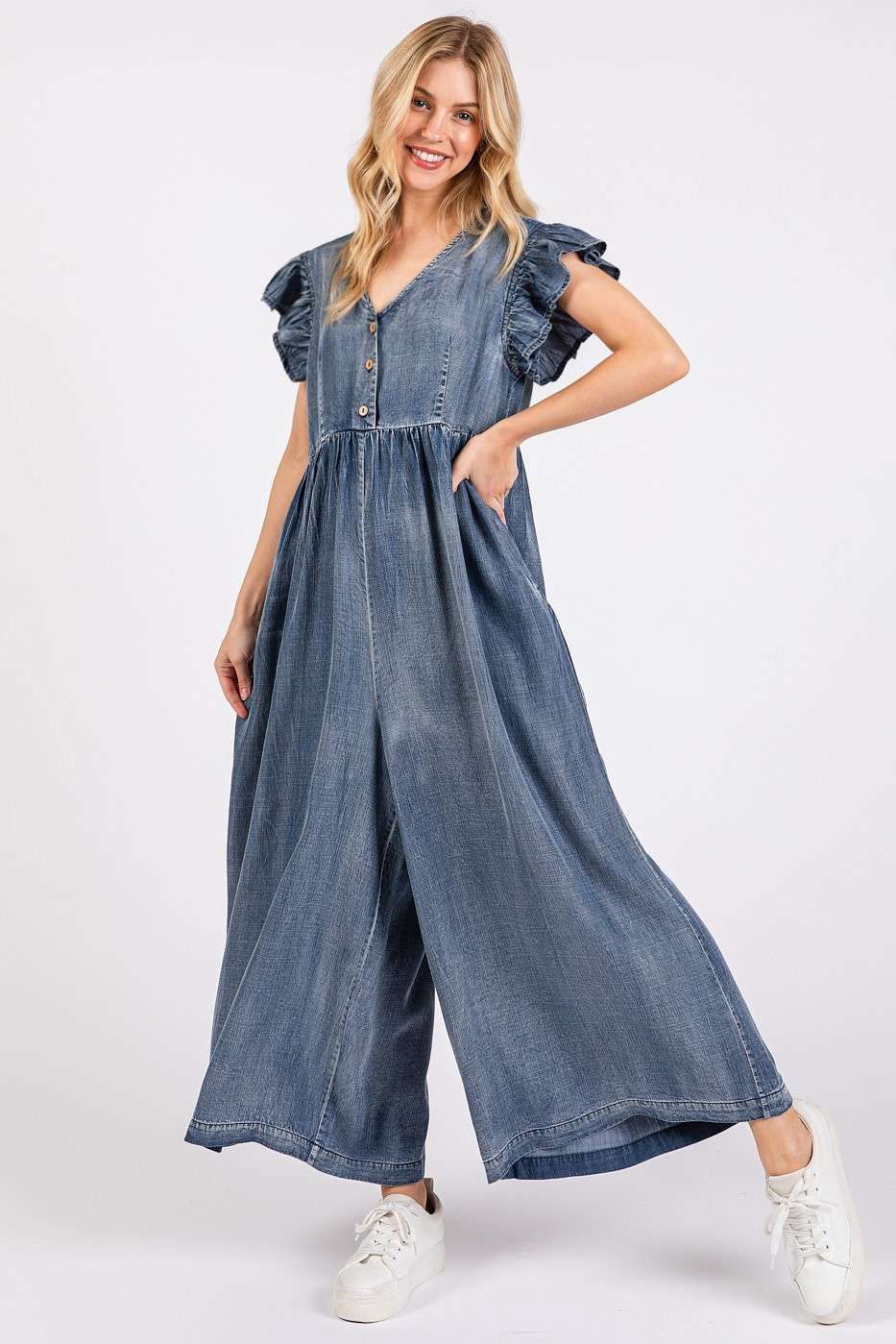 Chambray Ruffle Sleeve Wide Leg Jumpsuit
