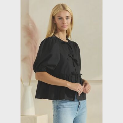 Plus Poplin Front Tie Blouse - BLACK