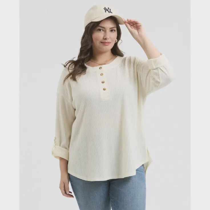 Plus Tab Sleeve Henley Top - CREAM