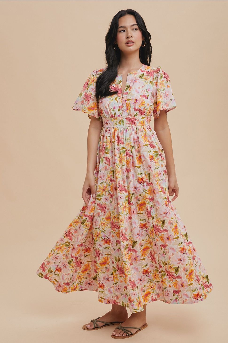 Cotton Floral Flutter Sleeve Maxi Dress - PINK FUSCHIA