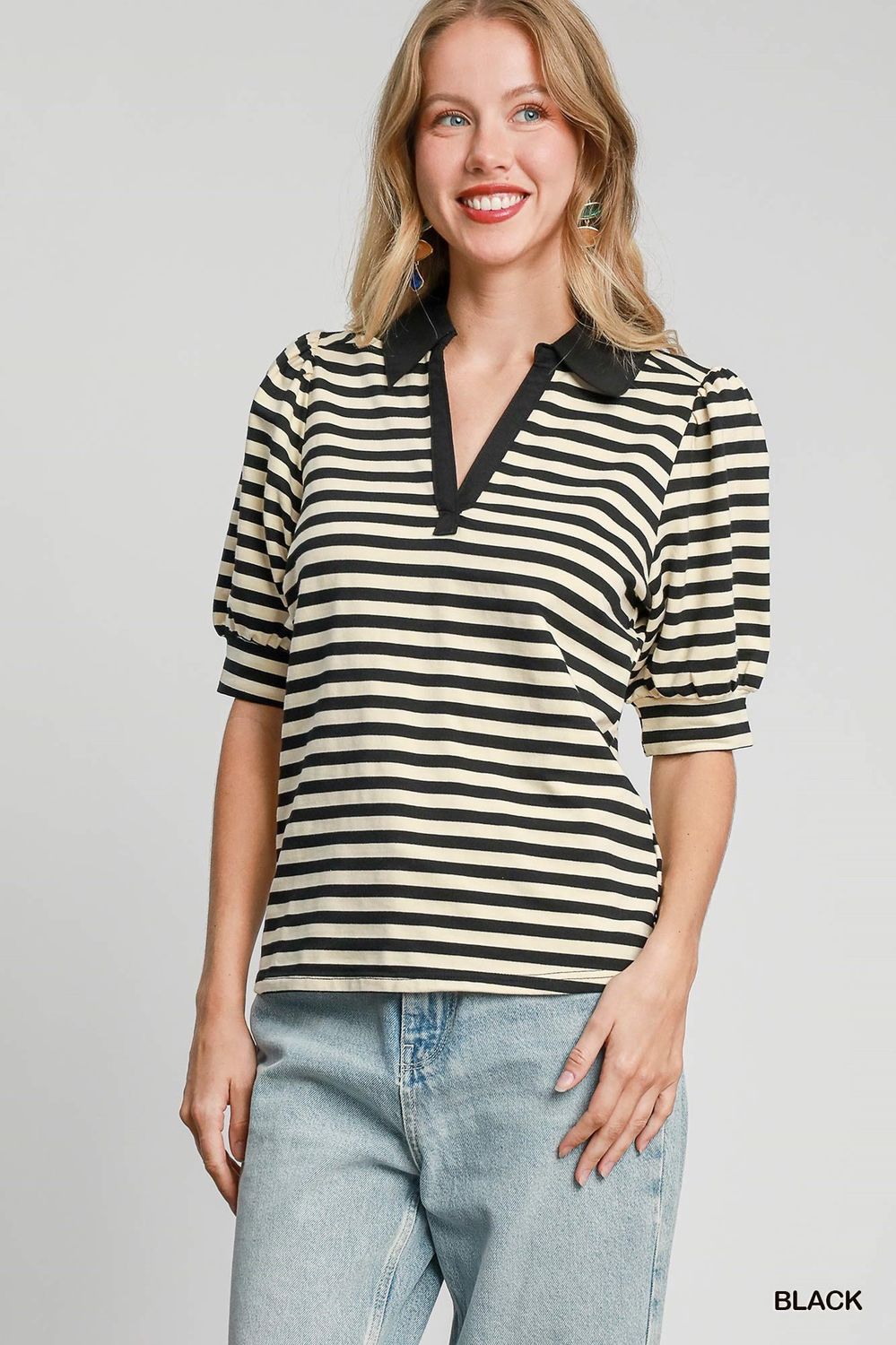 Striped Collar Top - BLACK