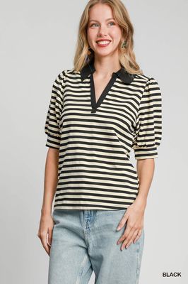 Striped Collar Top - BLACK