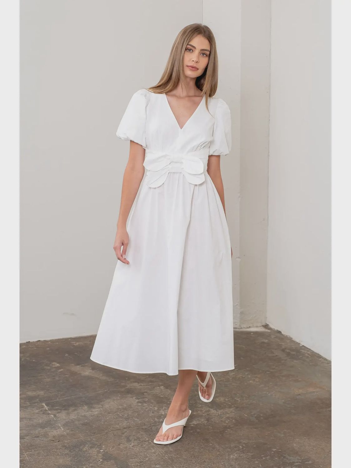The Lily V-Neck Puff Sleeve Dress - WHITE